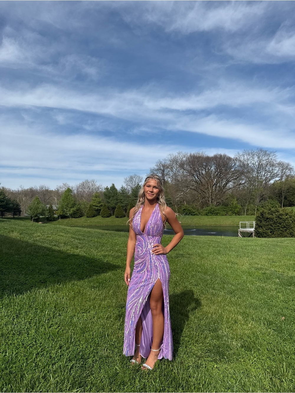 Lavender Sequin Halter prom dress with High Slit
